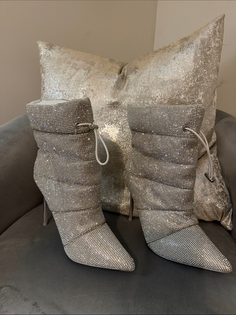 Steve Madden Silver Crystal Drawcord Stiletto Ankle Boots